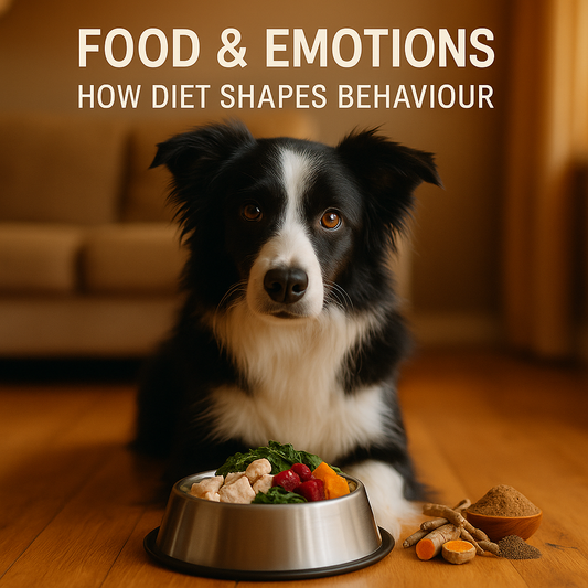 Border Collie sitting calmly indoors beside fresh food bowl with herbs showing connection between diet and emotions in dogs