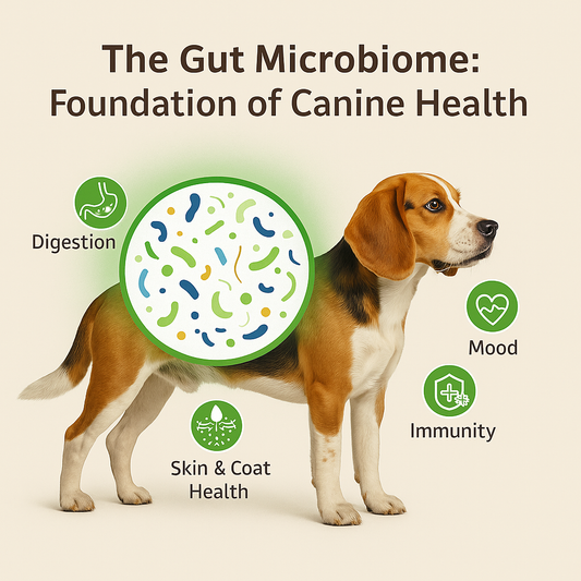 Photo-realistic Beagle dog in side profile with glowing gut microbiome illustration showing healthy bacteria and fibers; educational graphic titled ‘The Gut Microbiome – Foundation of Canine Health’ in white text on a green gradient background