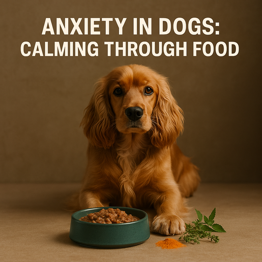 Calm golden-brown Cocker Spaniel sitting beside a bowl of fresh Ayurvedic dog food with chicken, pumpkin, turmeric, basil, and ashwagandha — promoting anxiety relief and emotional balance naturally